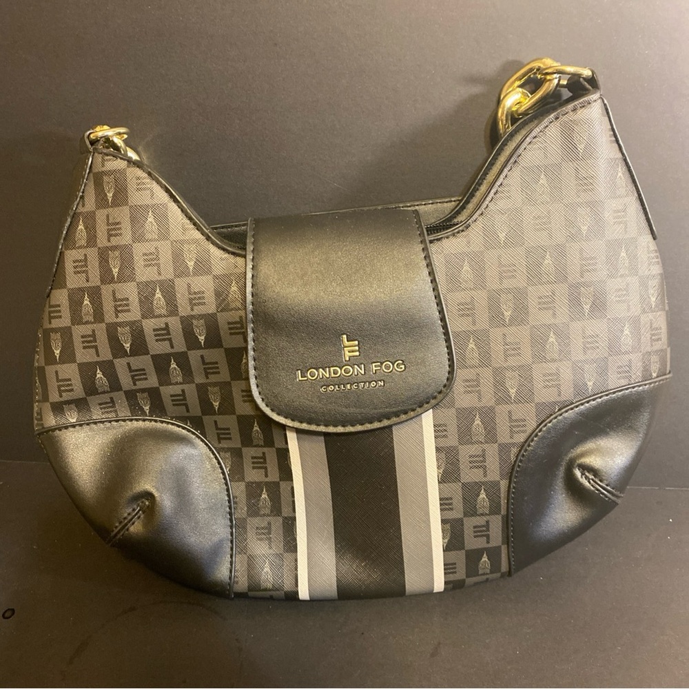 London Fog Aryana Shoulder Bag Grey, Black, White, and Gold Purse